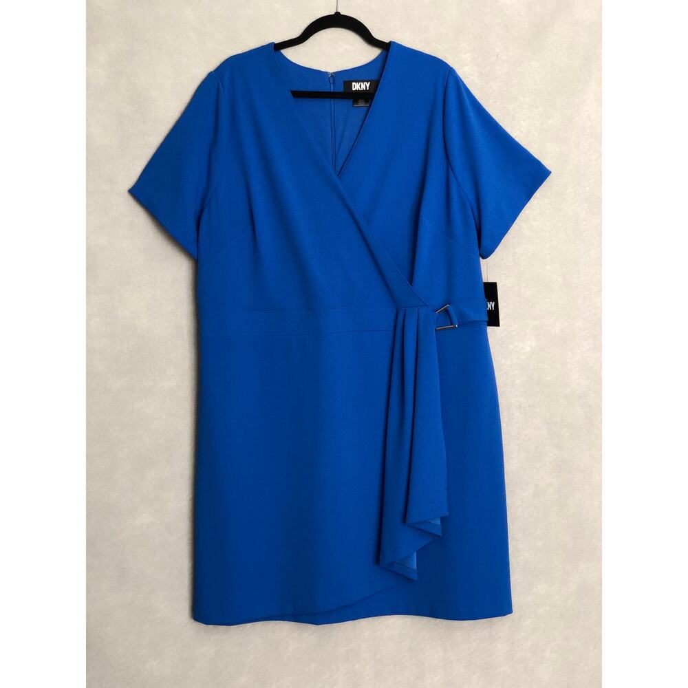 DKNY A-Line Dress V-Neck Short Sleeve Scuba-Crepe Blue Women's 12P NEW
